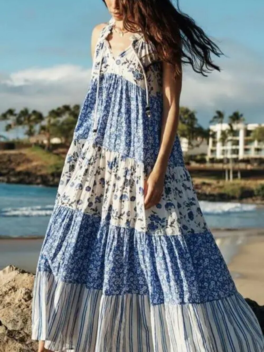 Ro’s Garden Sofia Tiered Maxi Dress Blue White Floral